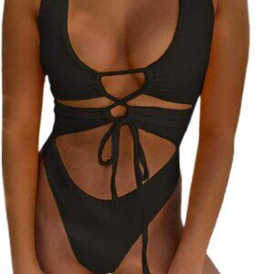 CHYRII Women's Sexy Cutout Lace Up Backless High Cut One Piece Swimsuit Medium